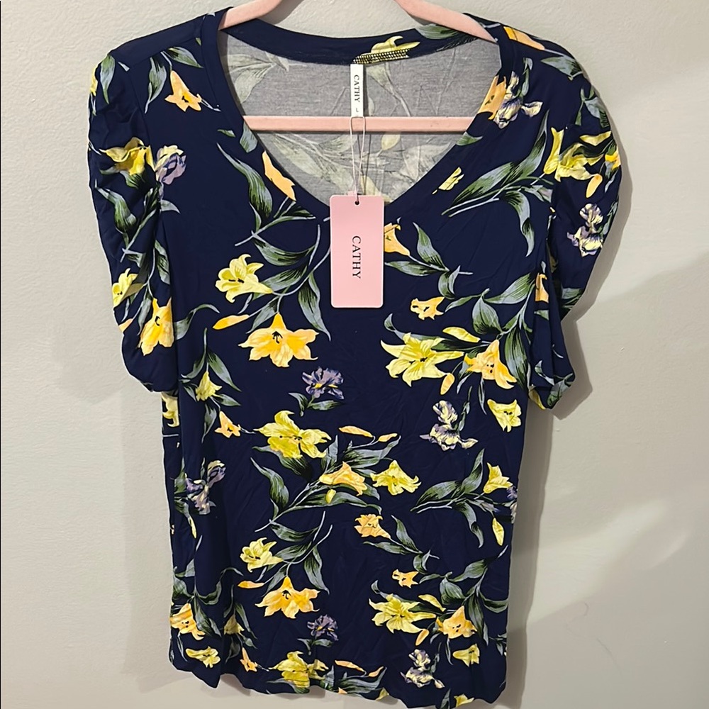 Women's Floral Top - Navy and Yellow